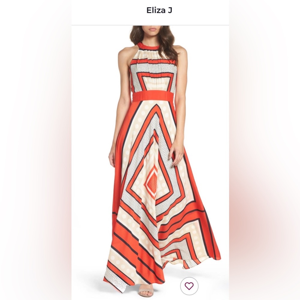 Eliza J Orange and Cream Geometric Halter Maxi Dress